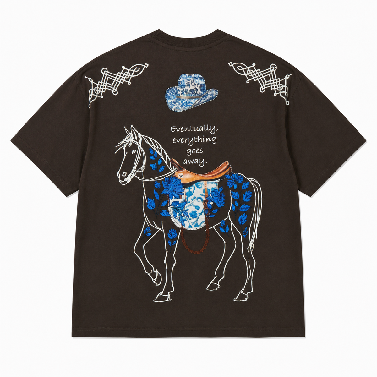 Horse Patchwork Design Oversize T-Shirt Braun