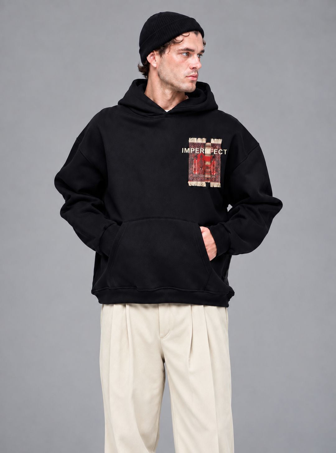 Imperfection Patchwork Design Oversize Hoodie Schwarz