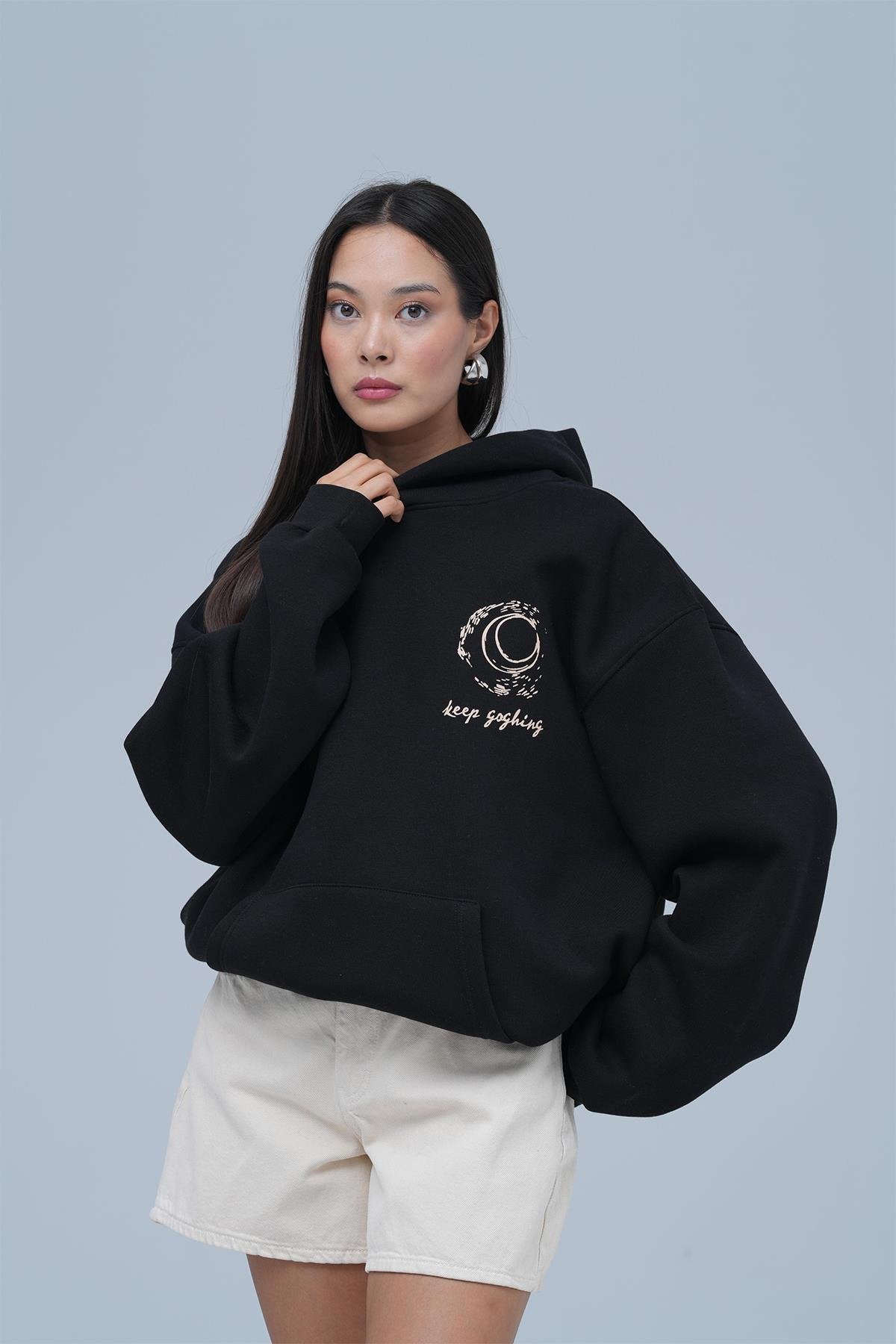 Beyond the Frame Patchwork Design Oversize Hoodie Schwarz
