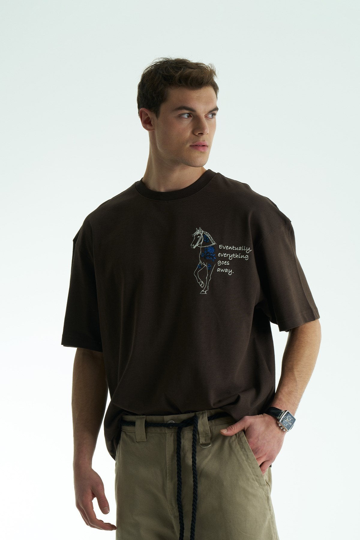 Horse Patchwork Design Oversize T-Shirt Braun