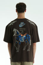 Horse Patchwork Design Oversize T-Shirt Braun