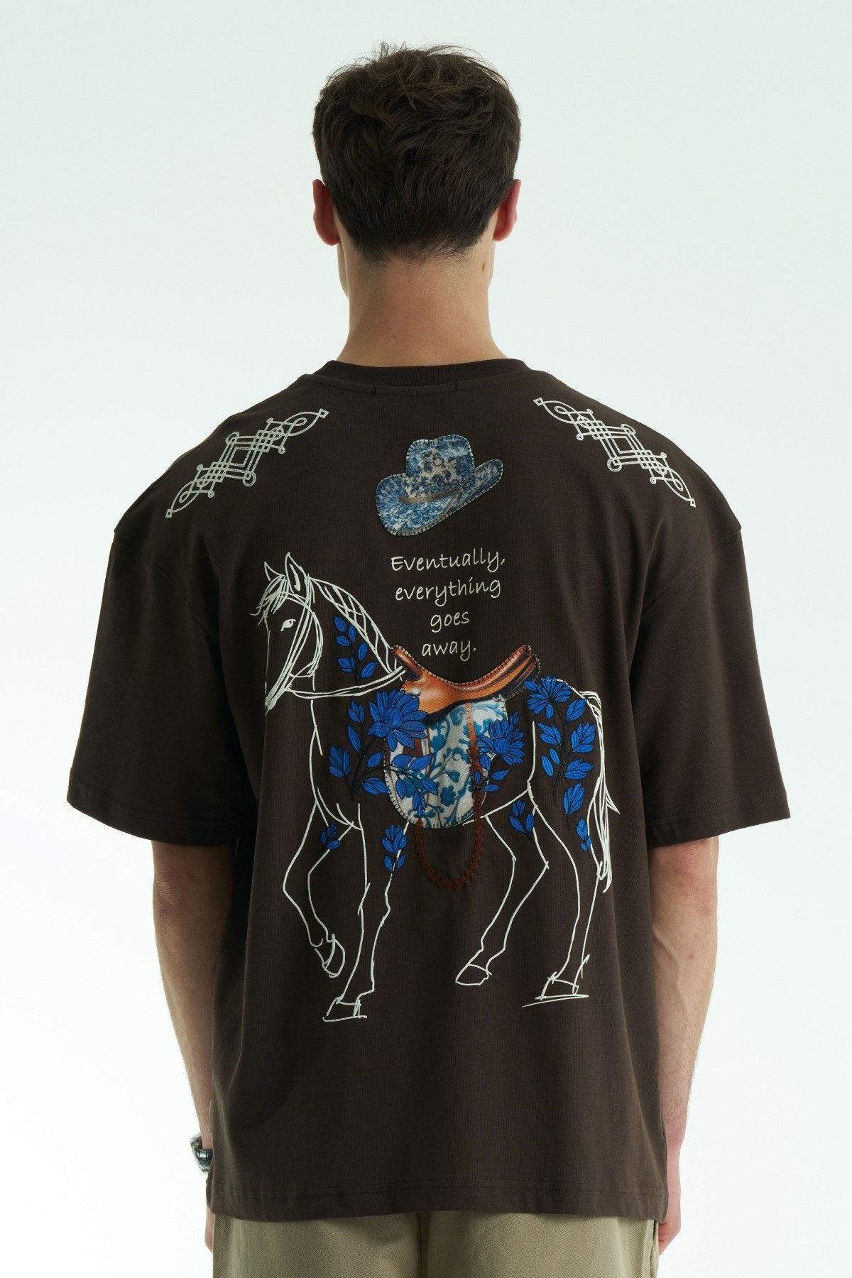 Horse Patchwork Design Oversize T-Shirt Braun