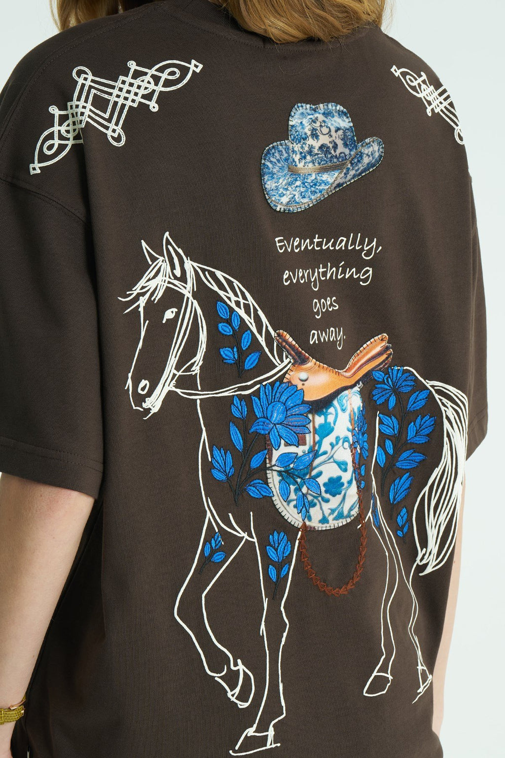 Horse Patchwork Design Oversize T-Shirt Braun