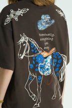 Horse Patchwork Design Oversize T-Shirt Braun