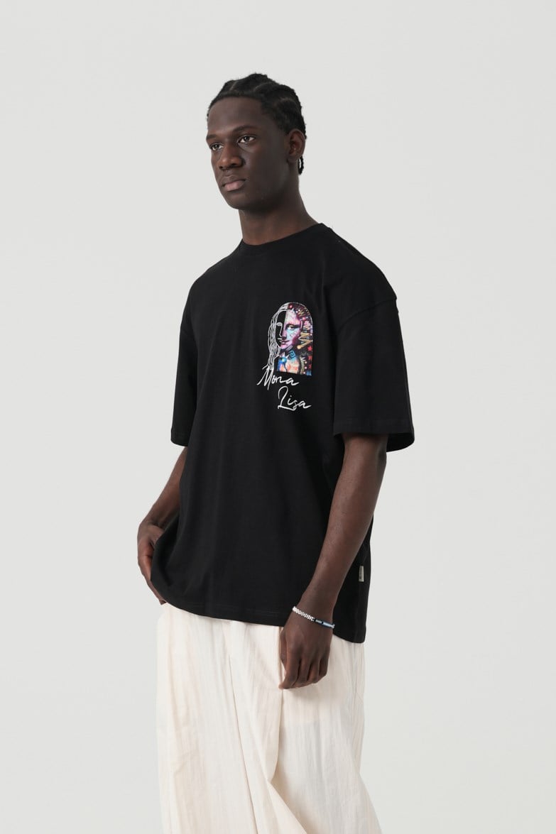 Mona Lisa Patchwork Design Oversize T-Shirt Schwarz