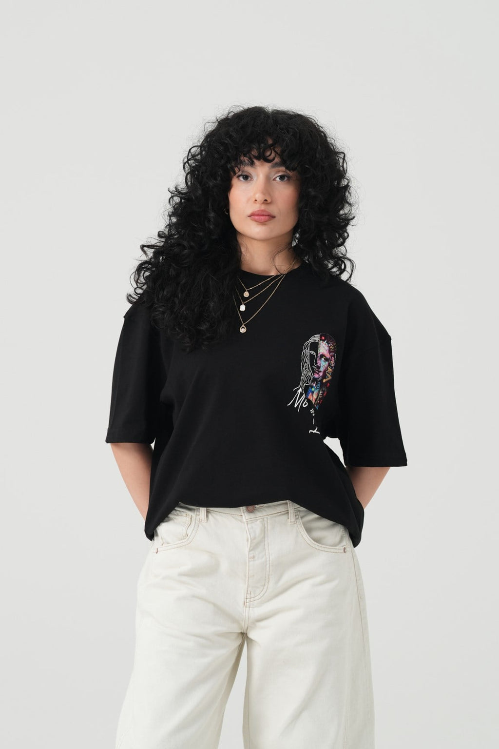 Mona Lisa Patchwork Design Oversize T-Shirt Schwarz