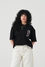 Mona Lisa Patchwork Design Oversize T-Shirt Schwarz